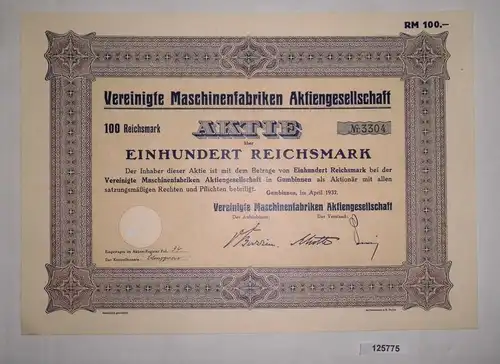 100 Reichsmark Aktie Vereinigte Maschinenfabriken AG  Gumbinnen 1937 (125775)