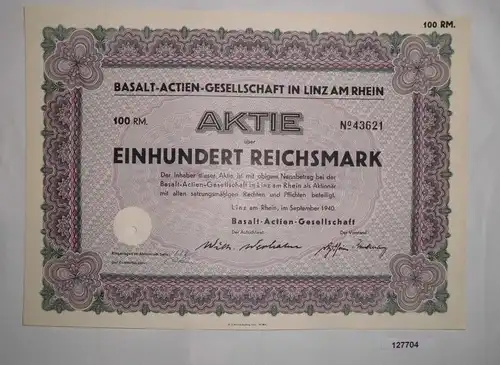 100 Reichsmark Aktie Basalt-AG in Linz am Rhein September 1940 (127704)