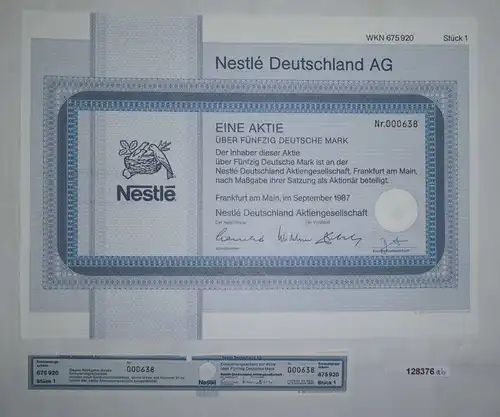 50 Mark Aktie Nestlé Deutschland AG Frankfurt am Main September 1987 (128376)