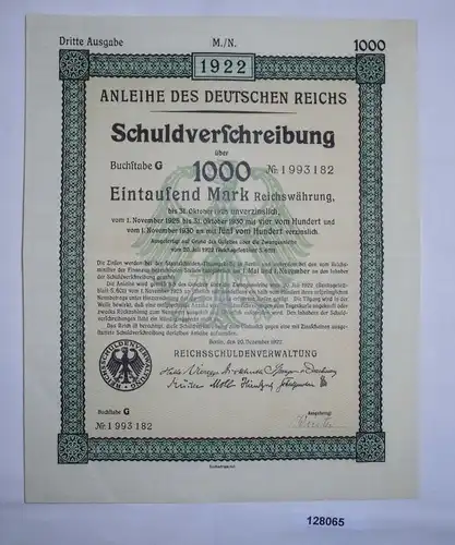 1000 Reichsmark Schuldverschreibung Anleihe des Deutschen Reichs 1922 (128065)