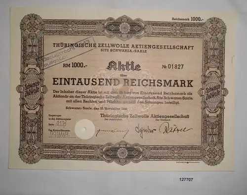 1000 RM Aktie Thüringische Zellwolle AG Schwarza (Saale) 25. Nov. 1940 (127707)