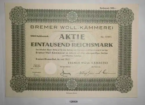 1000 RM Aktie Bremer Woll-Kämmerei Bremen-Blumenthal Juni 1942 (128929)