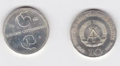 DDR Gedenk Silber Münze 10 Mark Johann Gutenberg 1968 Stempelglanz (128358)