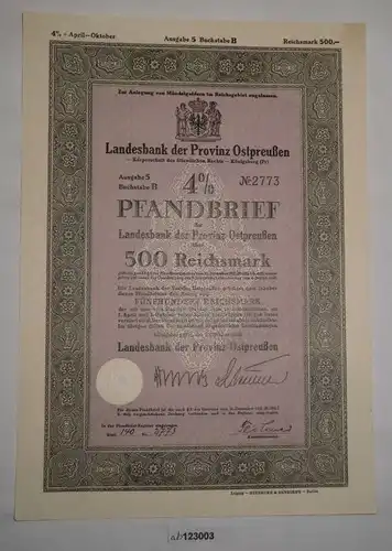 500 RM Pfandbrief Landesbank Provinz Ostpreußen Königsberg 1. Okt. 1940 (123003)