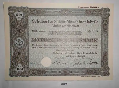 1000 RM Aktie Schubert & Salzer Maschinenfabrik AG Chemnitz Juli 1942 (128619)