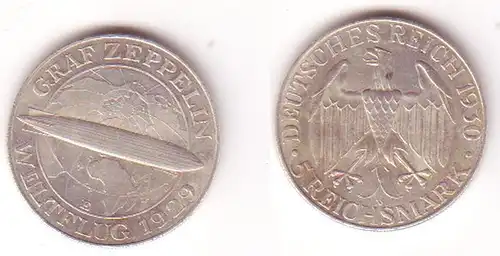 5 Mark Silber Münze Weimarer Republik Zeppelin 1930 E ss+ (MU1070)
