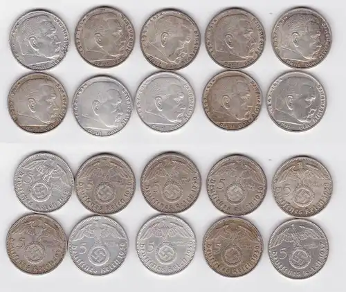 10 Silbermünzen 3.Reich 5 Mark Hindenburg mit HK (129361)