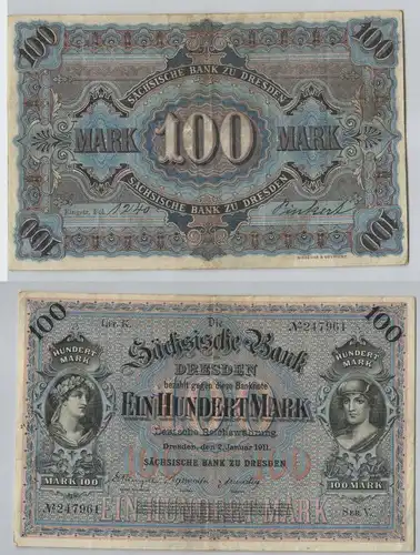 100 Mark Banknote sächsische Bank Dresden 02.01.1911 (129415)