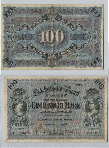 100 Mark Banknote sächsische Bank Dresden 02.01.1911 (129145)