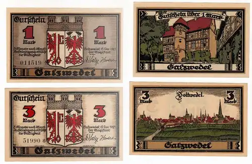 1 und 3 Mark Banknoten Notgeld Stadt Salzwedel 15.12.1921 (129880)