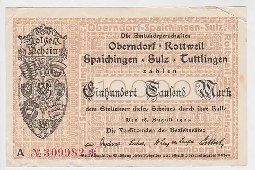 100000 Mark Inflation Banknote Stadtgemeinde Oberndorf usw. 28.8.1923 (129429)