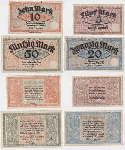 5, 10, 20 und 50 Mark Banknoten Kriegsgeld Landsberg Warthe um 1918 (130457)