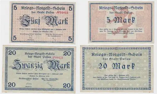 5 und 20 Mark Banknoten Kriegsgeld Stadt Passau Oktober 1918 (130458)