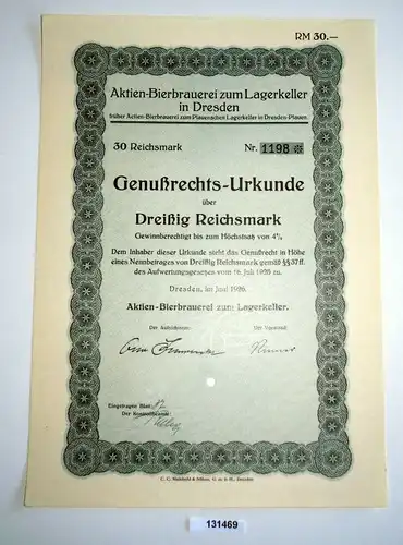 30 RM Genußrechts-Urkunde Aktien-Bierbrauerei zum Lagerkeller Dresden (131469)