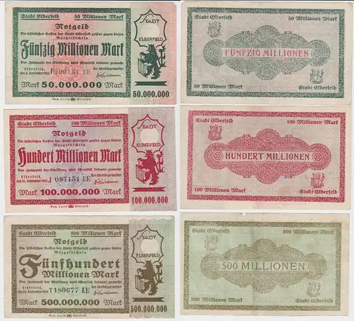 50, 100 & 500 Millionen Mark Banknoten Inflation Stadt Elberfeld 1923 (130734)
