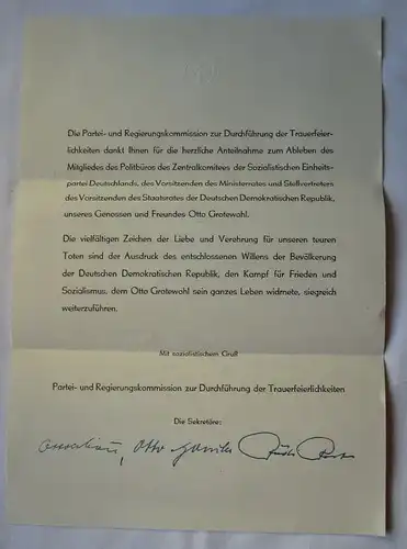 DDR Dokument zur Beisetzung des Genossen Otto Grotewohl 1964 (115632)
