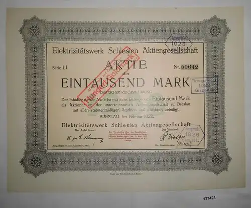 1000 Mark Aktie Elektrizitätswerk Schlesien AG Breslau Februar 1922 (127423)