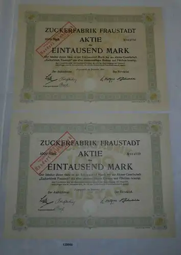 2x 1000 Mark Aktie Zuckerfabrik Fraustadt Dezember 1921 (129666)