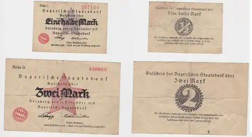 1/2 & 2 Mark Banknoten Bayerische Staatsbank Nürnberg 1918 (130058)