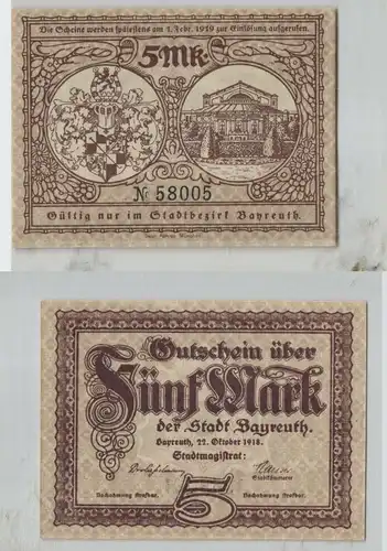 5 Mark Banknote Notgeld Stadt Bayreuth 27.Oktober 1918 (129225)