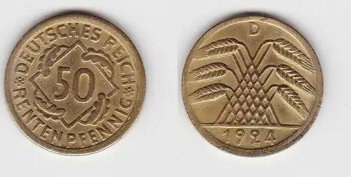 50 Rentenpfennig Messing Münze Weimarer Republik 1924 D Jäger 310 (131138)