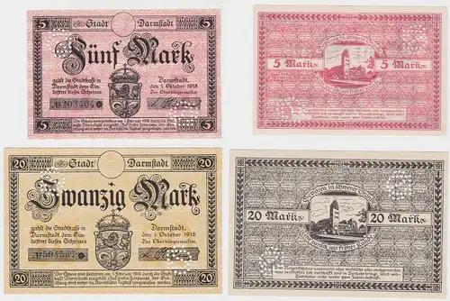 5 & 20 Mark Banknoten Notgeld Stadt Darmstadt 1918 (131777)