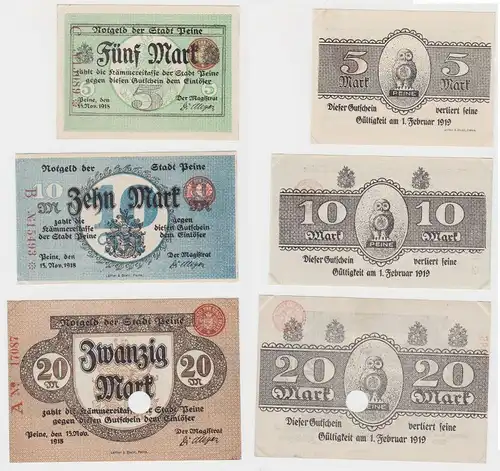 5, 10 & 20 Mark Banknoten Notgeld Stadt Peine 15.November 1918 (133114)