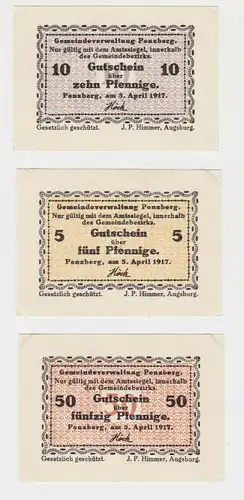5, 10 & 50 Pfennig Banknoten Notgeld Gemeinde Penzberg 5.April 1917 (133188)