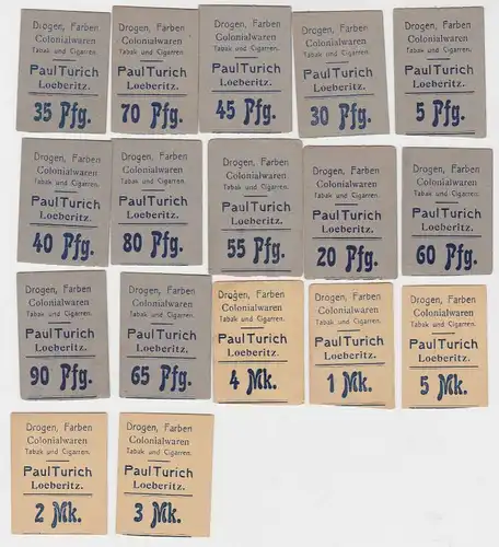 17 Banknoten Löberitz Paul Turich, Drogen, Farben, Kolonialwaren o.D. (132144)