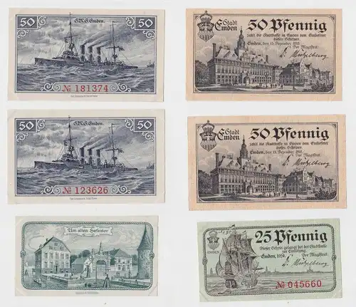 25 & 2 x 50 Pfennig Banknoten Notgeld Stadt Emden 1918  (132955)