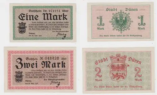 1 & 2 Mark Banknoten Notgeld Stadt Düren 20.November 1918 (132652)