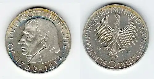 5 Mark Silber Münze Deutschland Johann Gottlieb Fichte 1964 J (129456)