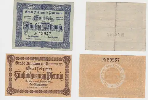 25 & 50 Pfennig Banknoten Notgeld Stadt Anklam in Pommern 1920 (133126)