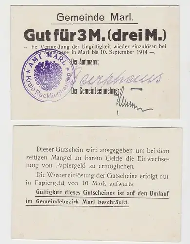 3 Mark Banknoten Notgeld Gemeinde Marl 10.September 1914 (132596)