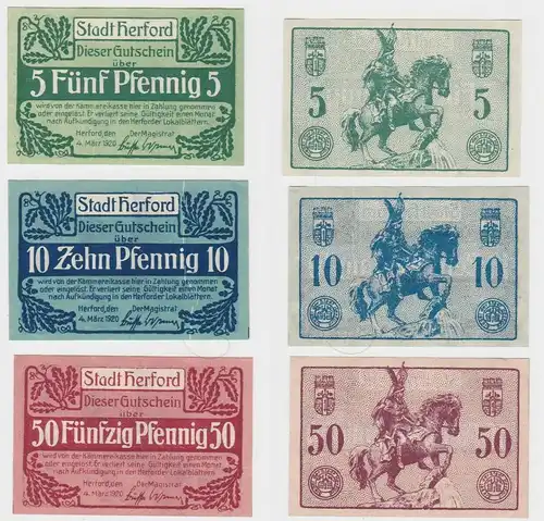 5, 10 & 50 Pfennig Banknoten Notgeld Stadt Herford 1920 (132993)