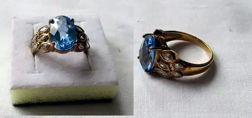 Vergoldeter 925er Sterling Silber Damenring mit großen blauen Stein (133090)