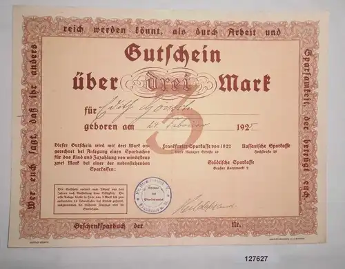 3 Mark Gutschein Frankfurter, Nassauische & Städtische Sparkasse 1925 (127627)