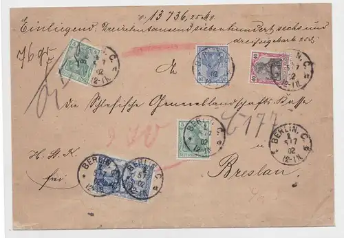 Wert Brief nach Breslau mit Michel Nr.70 a, 72 a, 75 und 79 a 1902 (126512)