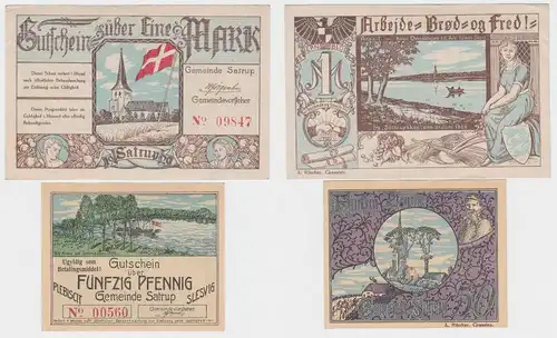 50 Pfennig und 1 Mark Banknoten Notgeld Gemeinde Satrup um 1920 (122075)