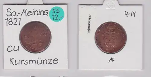 3 Pfennig Kupfer Münze Sachsen-Coburg-Saalfeld 1821 (120733)