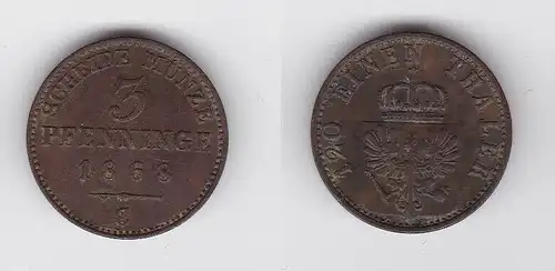 3 Pfennige Kupfer Münze Preussen 1868 C (125480)