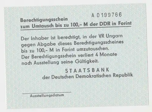 Berechtigungsschein zum Umtausch von 100,- Mark der DDR in Forint (131627)