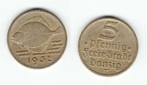 5 Pfennig Messing Münze Danzig 1932 Flunder (121619)