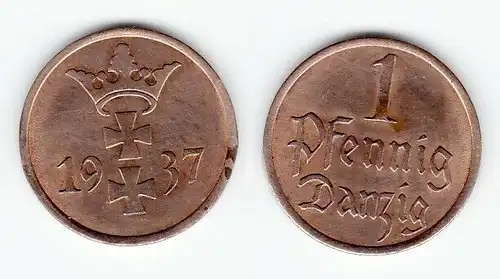 1 Pfennig Kupfer Münze Freie Stadt Danzig 1937 (122400)