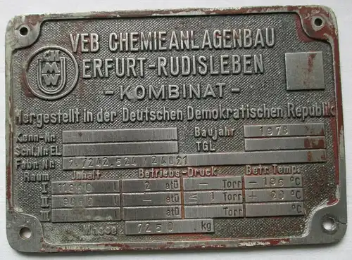 Typen Reklame Metall Plakette VEB Chemieanlagenbau Rudisleben (117503)