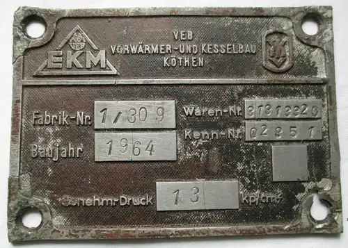 Typen Reklame Metall Plakette VEB Kesselbau Köthen 1964 (117201)