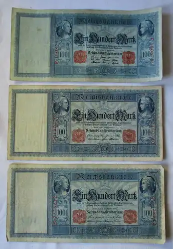 3 verschiedene Banknoten Deutsches Reich 100 Mark 1908, 1909, 1910 (124165)