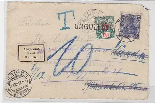 85077 Brief Vorderseite 10 Rappen ungültig + 20 Pfennig Zürich nach Zeitz 1919