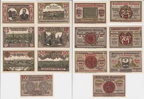 3 x 50, 4 x 75 Pfennig Banknoten Notgeld Stadt Lennep 15.7.1921 OVP (133513)