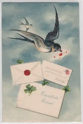 45223 Glückwunsch Präge Ak Schwalbe mit Brief im Schnabel 1915